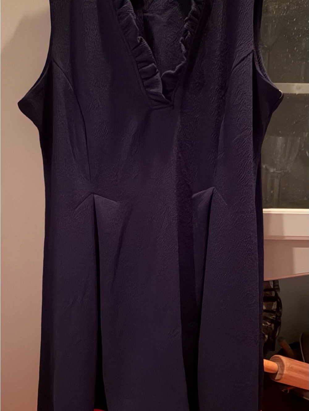 Ronni Nicole Navy Blue Midi Dress with Ruffle V-Neck